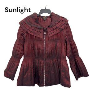 Jerry T Womens Pleated Burgundy Jacket With Unique Collar & Flared Sleeves Size